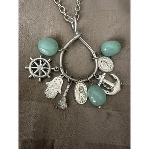 Silver Tone Aqua Bead Charm Pendant Necklace Nautical Religious Statement Womens